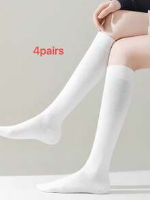 1/4 Pair Women's Pure White Ribbed Over-The-Knee Socks, Elastic Breathable Soft Knitted Casual Socks, Suitable For Daily Sports, Halloween, Christmas Party - White - View 8