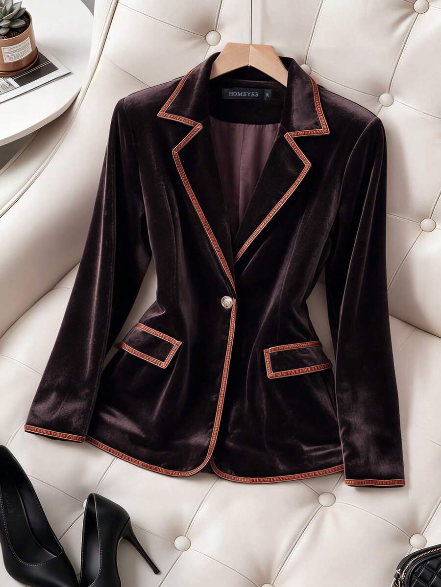 HOMEYEE Plus Size Women's Velvet Blazer, Fashionable Brown Long Sleeve Woven Lapel Jacket With Pockets, Autumn/Winter Essential - Coffee Brown - View 1