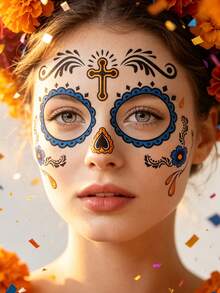 4pcs Day Of The Dead Temporary Face Tattoo Stickers, Sugar Skull Floral Cross Bird Candle Spider Web Face Decals, Colorful Mexican Festival Face Stickers, Suitable For Day Of The Dead, Party Makeup - Multicolor - View 3