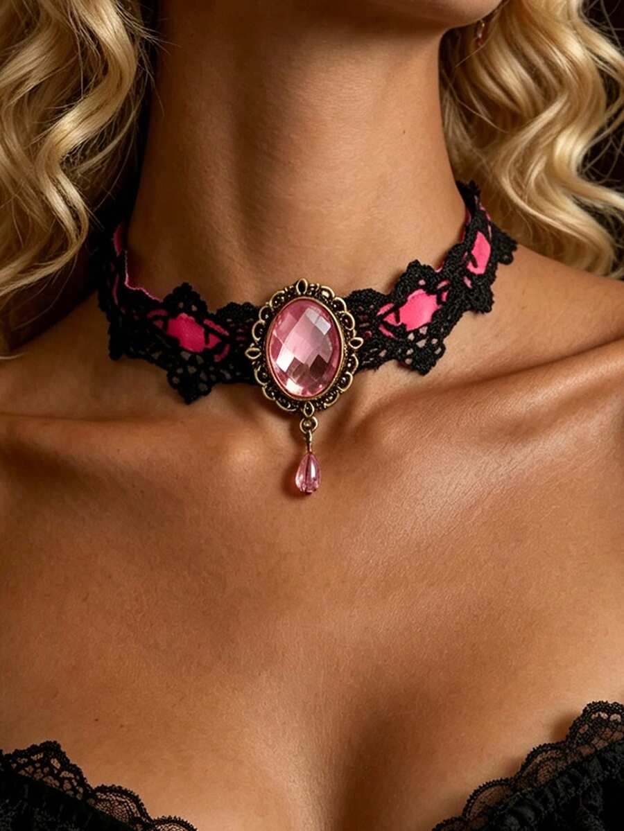 1pc Women's Crown Rhinestone Lace Choker Necklace, Short Collar Chain With Design Sense - Necklace - View 1