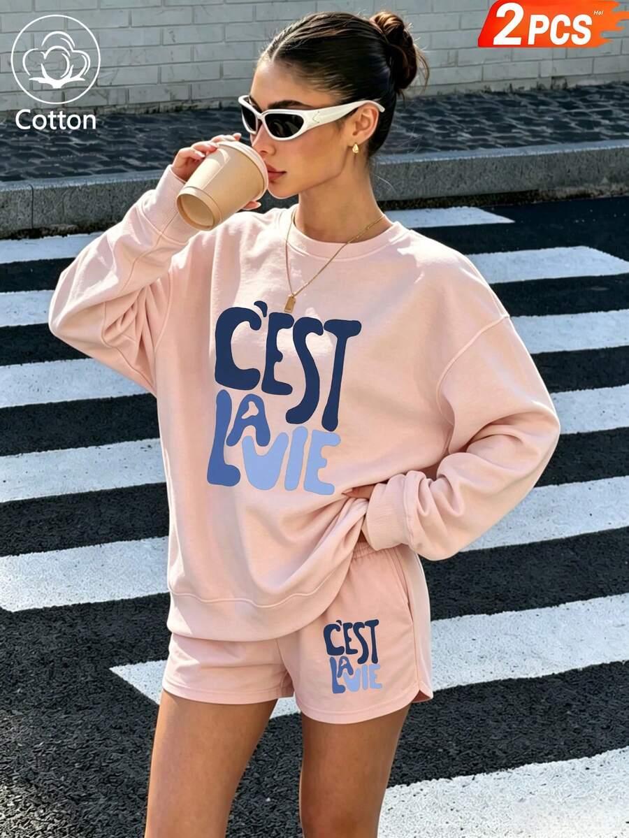 Autumn/Winter Pure Cotton Women's Sweatshirt Set, Personalized Slogan Print, Crew Neck Loose Long Top And Wide-Leg Pants 2-Piece Set - Baby Pink - View 1