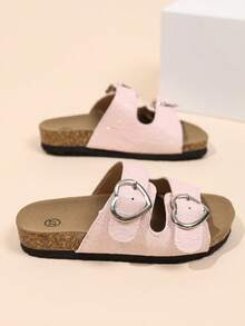 Summer New Shiny Double Buckle Girls' Sandals, Adjustable Cork Sole, Lightweight Flat Bottom, Versatile Comfortable Slip-On Slippers - Pink - View 4
