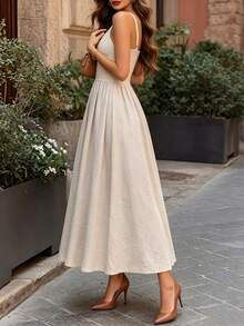 DONICY Women's Beige V-Neck A-Line Mid-Length Slip Dress, Casual Vacation Wear - Khaki - View 6