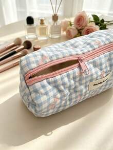 1pc/Set Blue Bow Quilted Travel Makeup Bag, Large Capacity Multi-Functional Toiletry Bag, Multi-Pocket Cosmetic Storage Bag, Suitable For Vacation, Gym, Beach And Bathroom Use, Portable Women's Girls Storage Organizer Bag - Blue - View 8