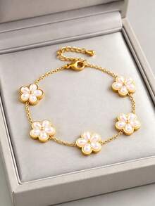 Gold Pink Pearl Clover Flower Chain Bracelet Stackable Dainty Stainless Steel Women Gift - Multicolor - View 3