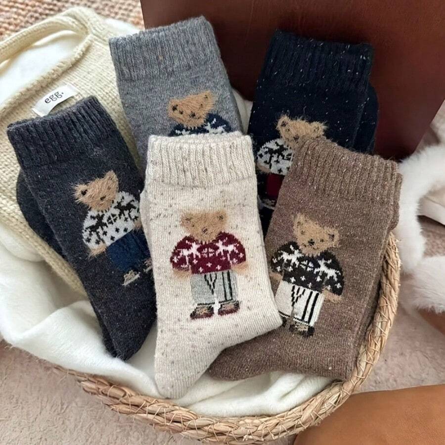 5 Pairs Mixed/1 Pair Random Vintage Flocked Bear Sweater Comfortable Mid-Calf Socks, Autumn/Winter - Multicolor - View 1