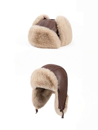 1pc Leather Fleece Earflap Hat, Vintage Motorcycle Outdoor Functional Warm Winter Hat, Leather Body With Thick Fleece Earflaps And Trim, Adjustable Strap Buckle For Secure Fit, Contrast Stitching Details, Classic Aviator Hat Design, Full Head And Ear Coverage, Effective Windproof And Warm, Suitable For Winter Outdoor Riding, Skiing, Travel, Daily Commute, Unisex, Combines Vintage Style And Warmth Performance, Women's Winter Hat, Hunter Hat, Aviator Hat