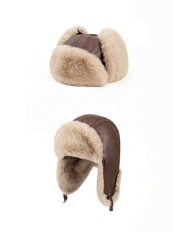 1pc Leather Fleece Earflap Hat, Vintage Motorcycle Outdoor Functional Warm Winter Hat, Leather Body With Thick Fleece Earflaps And Trim, Adjustable Strap Buckle For Secure Fit, Contrast Stitching Details, Classic Aviator Hat Design, Full Head And Ear Coverage, Effective Windproof And Warm, Suitable For Winter Outdoor Riding, Skiing, Travel, Daily Commute, Unisex, Combines Vintage Style And Warmth Performance, Women's Winter Hat, Hunter Hat, Aviator Hat