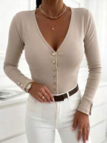 LUNNELUX Women Fall V Neck Ribbed Knit Long Sleeve Top, Slim Fitted Shirt With Heart Decor Buttons, Halloween Daily Dating Outfit - Khaki - View 5