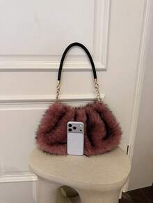 Women's Plush Pink Large Capacity Metal Chain Shoulder Bag, Autumn/Winter - Pink - View 9