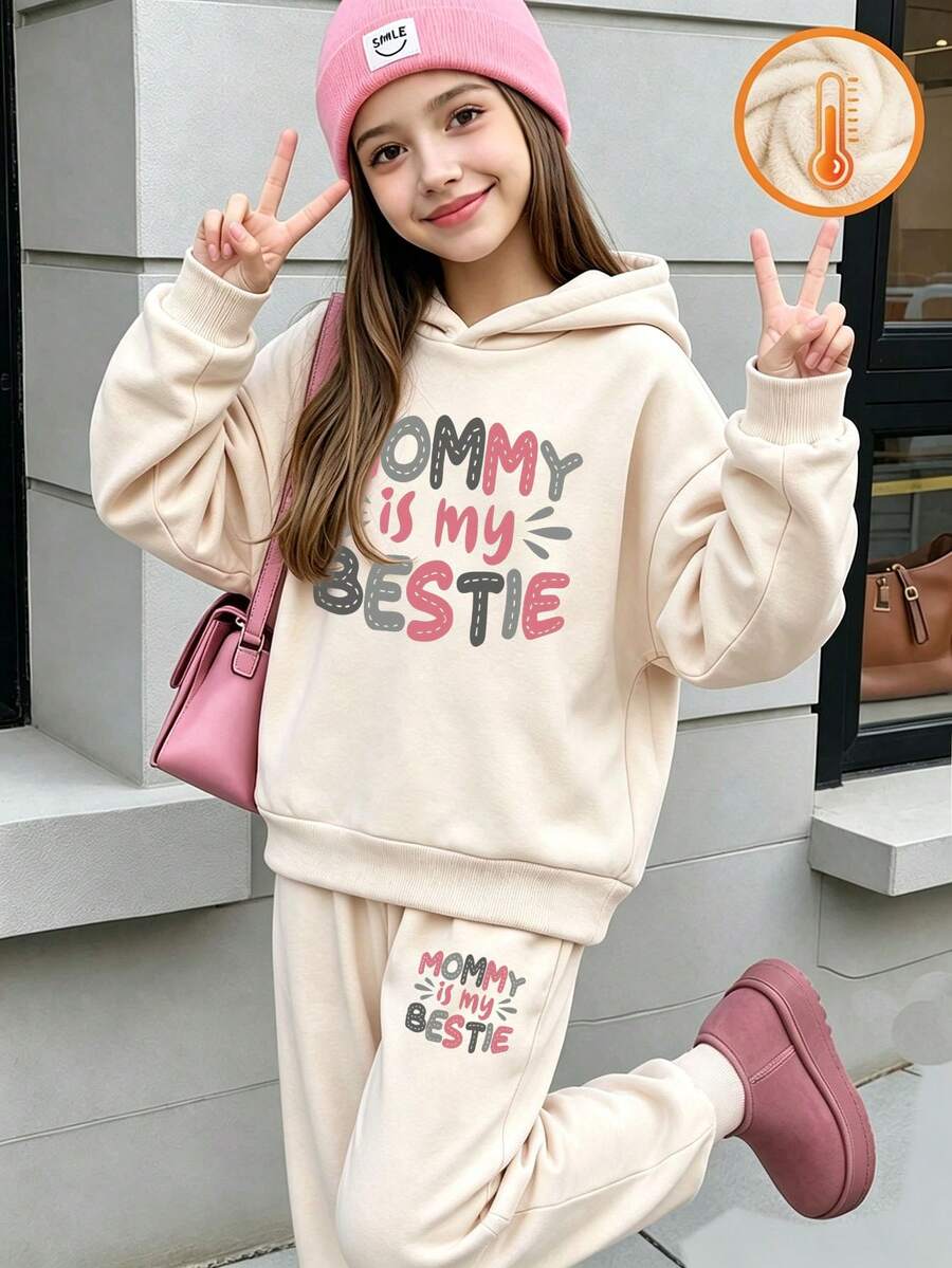 2pcs/Set - Tween Girl Graphic Print Casual Fleece Hoodie Sweatshirt And Fleece Pants, Autumn/Winter Outfit - Apricot - View 1