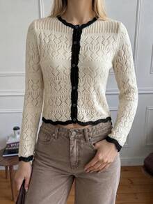 Women's Autumn Winter Contrast Black Trim Hollow Knit Cardigan, Long Sleeve Button Argyle Sweater, Ruffle Hem For Date, Casual & Street Style Outfits - White - View 10