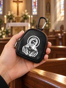 Mini Zipper Wallet With Jesus Design (With Snap Closure), Portable PU Leather Headphone Pouch, Small Key And Card Holder, Original Coin Purse, Zipper Earphone Storage Bag, Key Holder And Keychain Accessories - Multicolor - View 8