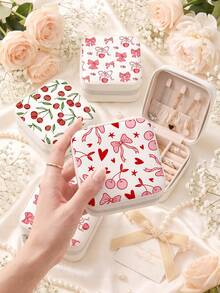 Cherry & Bow Style Jewelry Box For Women,PU Leather Portable Travel Jewelry Storage Box With 3 Necklace Hooks, Ring Storage Compartment,Gift Ideas - Cherry & Bow - View 6