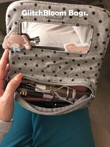 波點化妝包附內建鏡子，便攜拉鍊式化妝品收納包，女性旅行盥洗包，可愛收納盒（不含吊飾） - 灰色 - 查看 5