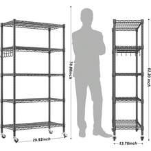 Estantería Metálica de 5 Niveles con Ruedas, Estante de Alambre Ajustable y Ganchos Laterales, Mueble de Almacenamiento Resistente, Ideal para Cocina, Baño, Cochera y Despensa - Negro - Ver 2