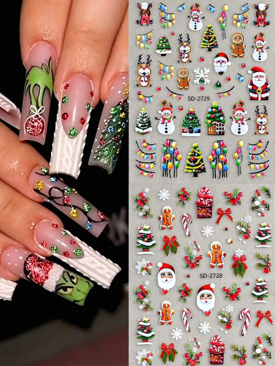 Christmas Self‑Adhesive Nail Stickers, Xmas Tree Santa Snowman Elk Candy Cane Bow Snowflake Pattern Nail Decals, Festive Winter Nail Art Decor For Salon & Home DIY Manicure - Multicolor - View 1