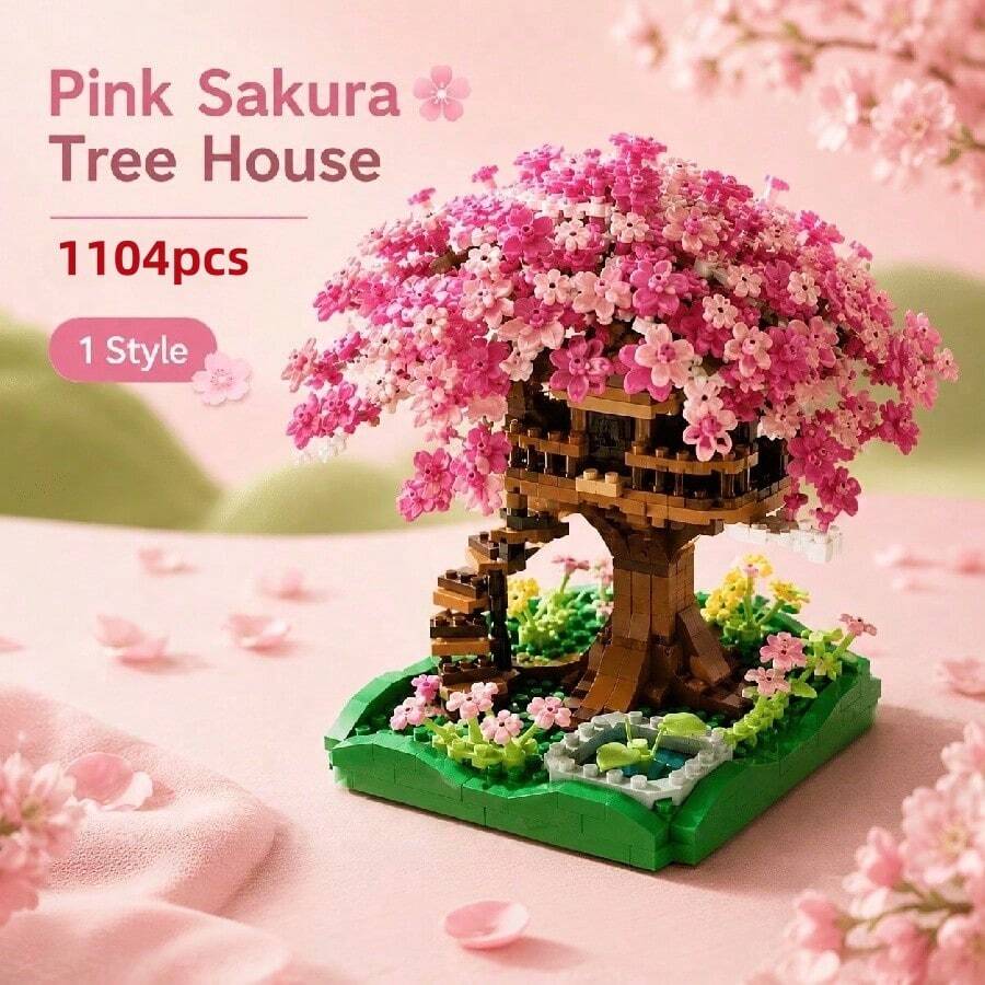 1104pcs Pink Cherry Blossom Tree House Micro Particle Building Blocks Assembly Toy, Healing Style Micro Landscape Architecture Potted Plant Model, Desktop Decor Girls Holiday Birthday Gift - Multicolor - View 1