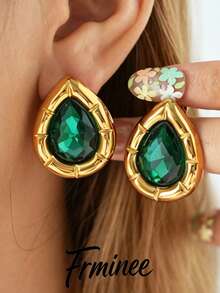 Frminee 1 Pair Luxury Women's Gold Stainless Steel Teardrop Earrings, 18K Gold Plated Fade-Resistant Classic Minimalist Elegant Earrings Suitable For Daily Wear Or Party, Jewelry Accessory, Summer Beach Vacation, Travel, Women's Daily Decoration, Outfit Matching, Date, Party And Other Occasions, Anniversary And Other Holiday Gifts For Female Friends - Multicolor - View 1