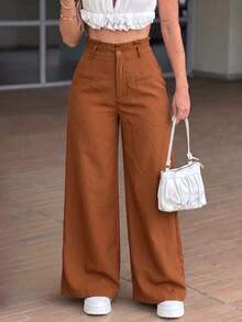 LUNNELUX Women Fall Brown Ruffle High Waist Wide Leg Pants, Button Zip Fly Trousers With Faux Pockets, Casual Daily Vacation Pants - Brick Red - View 4