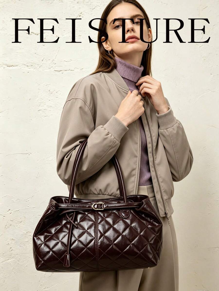FEISTURE 1件大容量女款扣飾肩背包，時尚手提托特包，適合女孩、女性、大學生、職場新人與白領上班族，完美適用於工作、商務、通勤、上學