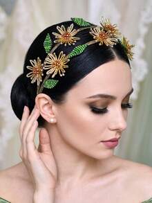 1Pc Elegant Beaded Flower Bride Headband Double Row Design Women Hair Hoop Suitable For Wedding Festive Party Hair Accessories - Gold - View 2