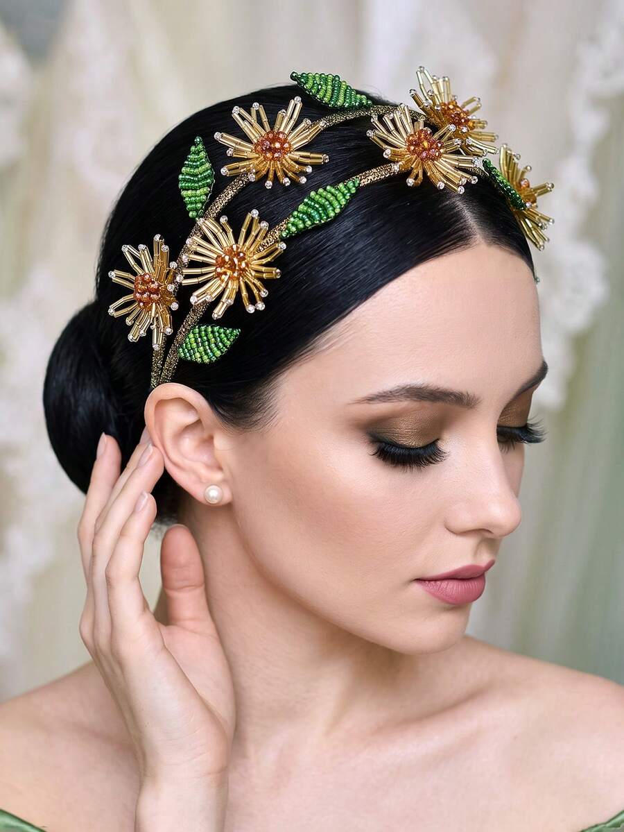 1Pc Elegant Beaded Flower Bride Headband Double Row Design Women Hair Hoop Suitable For Wedding Festive Party Hair Accessories