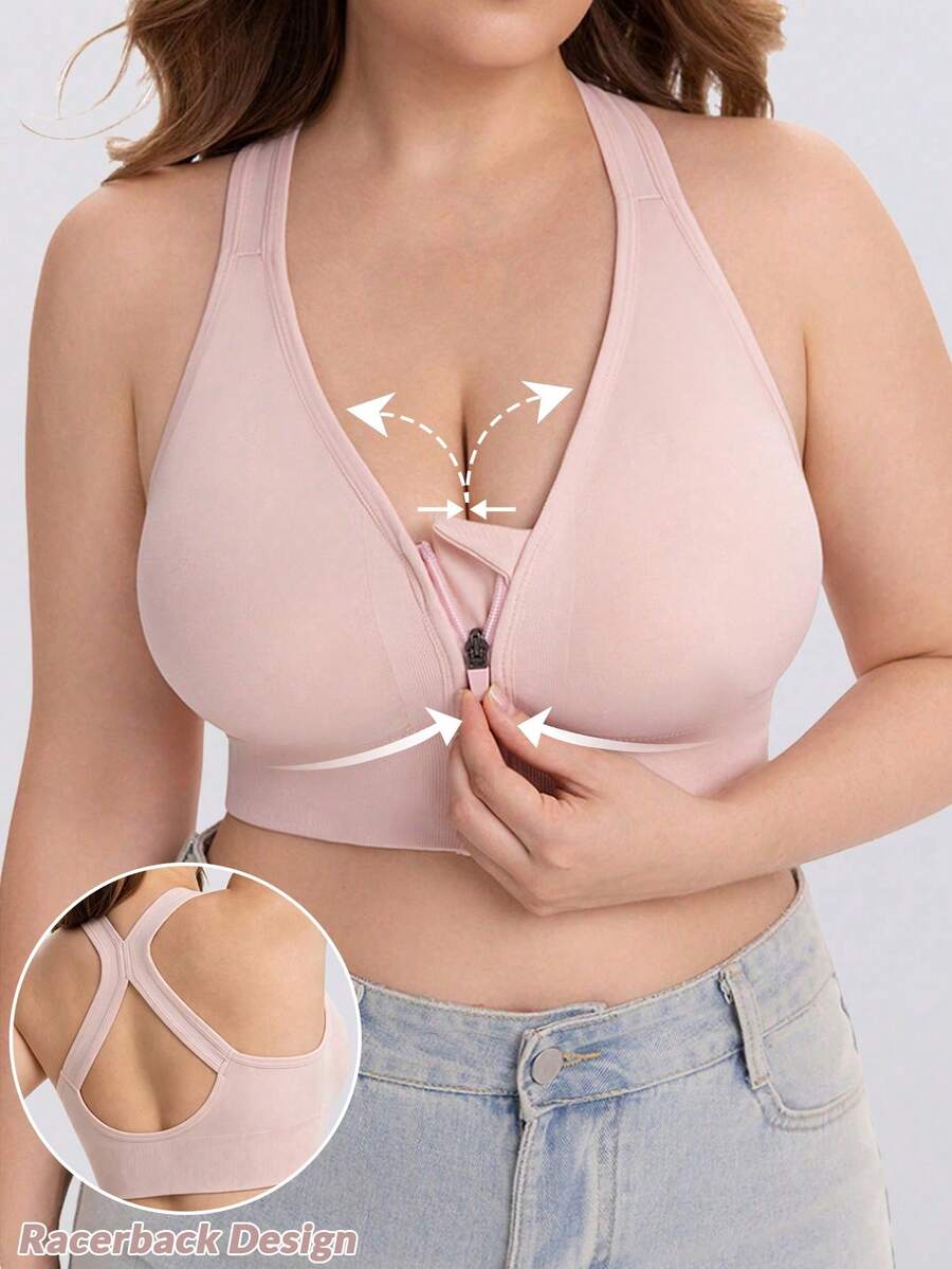 Women's Plus Size Sports Bra Pink Lingerie Front Zipper Criss-Cross Strap Bra - Pink - View 1
