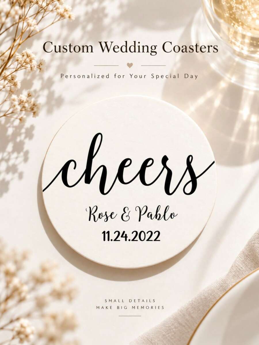 20/50/100/200/300/500pcs Personalized Wedding Paper Coasters, Customizable Name/Date/Text, Suitable For Wedding, Engagement Decoration, Exclusive Tabletop Protection Mat, Can Be Used As Table Setting Drink Holder, Anniversary Supplies - Multicolor - View 1