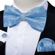 Light Blue Paisley Jacquard Men's Pre-Tied Bow Tie 4-Piece Set With Pocket Square, Cufflinks, Lapel Pin, For Business Formal Occasions - Baby Blue - View 2