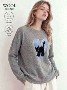 Women's Wool Crew Neck Sweater, Fall Winter Long-Sleeved Soft Knitted Pullover, Autumn Outfit For Women, Fall, Halloween, Winter Clothes C - Grey - View 3