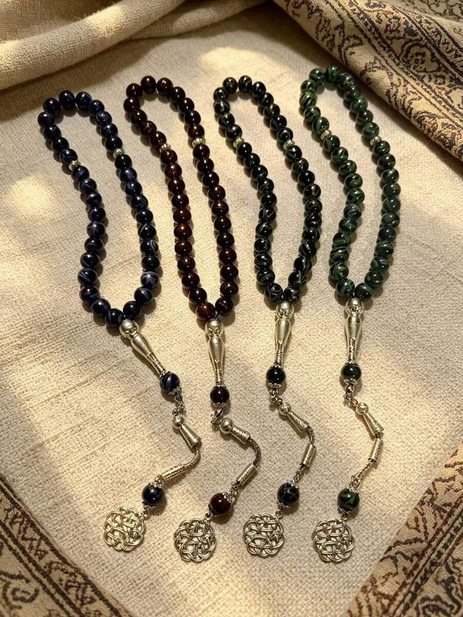 1pc Vintage Middle Eastern Style Tasbih 33-Bead Cracked Beads Braided Flower Pendant Tassel Prayer Beads Bracelet - One Size - View 1
