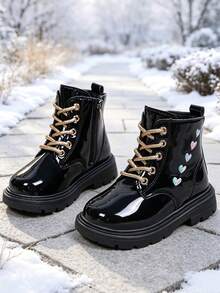 1 Pair Kids' Boots, Shiny PU + Colorful Heart Decor, Round Toe Soft Sole Height-Increasing Inner Zipper Design, Fashionable Cute Sweet Cool Biker Style Mid-Calf Leather Boots, Suitable For Daily, Holiday, School, Autumn/Winter New Style - Black - View 3