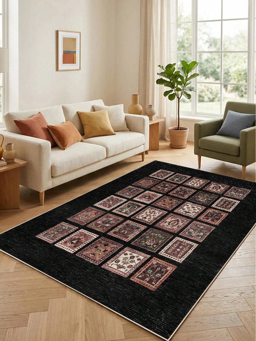 Digitally Printed Non-Slip Washable Runner And Area Rug Suitable For Living Room, Outdoor, Bedroom, Kitchen Carpet, Modern Design | Modern, Scandinavian, Bohemian And Classic Styles | 100% Polyester - Black - View 1