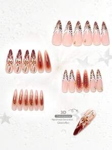 24pcs  Handmade Long Pointed Nail Stickers, With A Nude Base Featuring Leopard Print, 3D Flowers, And Brown Gradient, Decorated With Rhinestones And Small Gold Accessories, Reusable, Perfect For Autumn Parties And Everyday Wear - Rust Brown - View 5