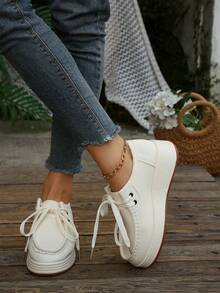 Women's Wedge Heel Thick Sole Loafers, Retro Leather Upper, Versatile Round Toe Front Lace-Up Casual Sneakers, Solid Color - White - View 5