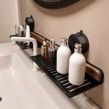 1pc Walnut Wood Storage Rack, No-Drill Wall-Mounted Shelf, Waterproof Multi-Functional Organizer For Bathroom Vanity, Sink And Kitchen Sink, Sturdy And Practical Space-Saving Home Storage Solution - Multicolor - View 1