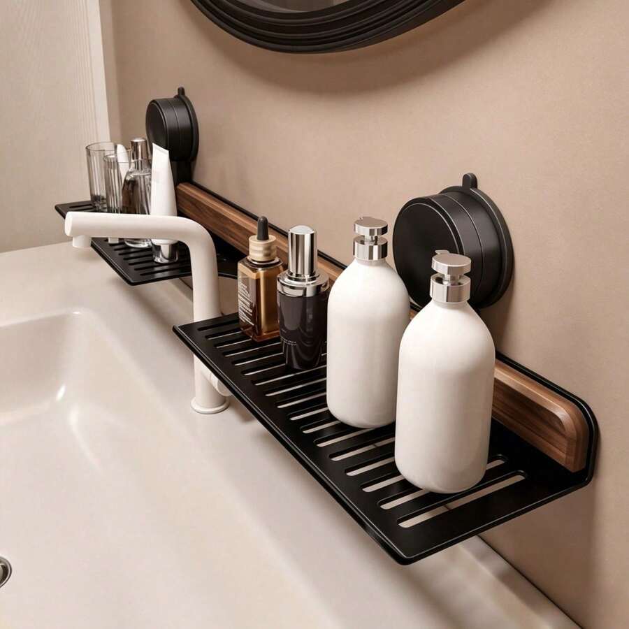 1pc Walnut Wood Storage Rack, No-Drill Wall-Mounted Shelf, Waterproof Multi-Functional Organizer For Bathroom Vanity, Sink And Kitchen Sink, Sturdy And Practical Space-Saving Home Storage Solution - Multicolor - View 1