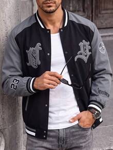 Men's Letter Embroidered Autumn Streetwear Baseball Jacket, Long Sleeve Colorblock Rave Jacket For Street Style, Men's Printed Jacket - Black - View 1