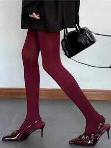 1 Pc Women's Sexy Sheer Red Pantyhose, Slimming For Dates, Parties, Autumn/Spring, Cozy - Burgundy - View 3