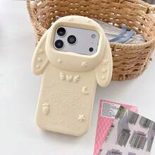 Cute 3D Floppy Ear Bunny Phone Case Compatible With Iphone, Cream White Silicone Shockproof Protective Cover, Embossed Star Moon Heart Pattern Cartoon Rabbit Phone Shell, Soft Full Body Anti-Slip Case Compatible With Iphone 16 15 14 13 12 11 Pro Max Embossed Star Moon Carrot Pattern Kawaii Cartoon Anti-Drop Phone Shell - Multicolor - View 3