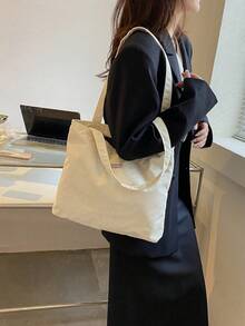 1pc White Corduroy Solid Color Fabric Label Detail Shoulder Tote Bag, Large Capacity Commuter Shoulder Bag, Lightweight Student Tutoring Bag - White - View 3