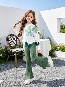 Girls 2pcs Set Large Floral Print Asymmetrical Hem Ribbed Long Sleeve Top & Green Vertical Rib Flare Pants, Spring/Autumn Fresh Mori Style Gentle Knit Casual Outfit For Daily Wear And Outings - Multicolor - View 11
