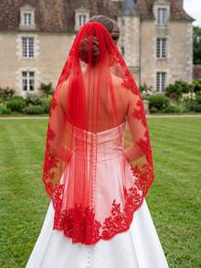 1 Pc Red Wedding Veil Lace Fingertip Length Bridal Veil With Comb For Theme Wedding Halloween Costumes - Multicolor - View 2