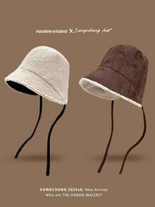 1pc New Vintage Versatile Reversible Tie-Up Bucket Hat For Women, Autumn/Winter Outdoor Face-Slimming Warm Ear-Protective Hat - Multicolor - View 3