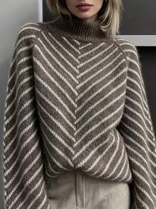 2026 New Women's Two Tone Striped High-Neck Knit Cardigan Sweaters Bell Sleeves Fall Clothes For Women Fall Outfit Cardigan For Women Fall Tops - Dark Grey - View 4