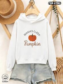 Kids' Hoodie: Cute 'MAMA'S Little Pumpkin' Print, Loose Fit, Breathable & Comfy For Spring/Fall Daily Wear, Perfect For Family Events - White - View 1