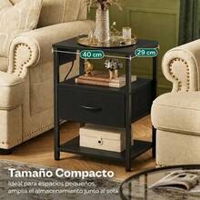 Buró Vintage con Estación de Carga USB y Tomas de Corriente, Mesa de Noche con Cajón Ajustable y 4 Niveles de Almacenamiento, Marrón para Recámara y Sala - Negro - Ver 2