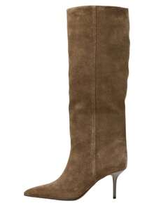 女款棕色麂皮尖頭寬鬆踝靴，後綁帶細高跟西部中筒靴 - 駝色 - 查看 6