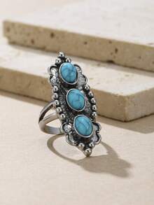 ZHIXUN 1pc Vintage Triple Oval Synthetic Turquoise Declaration Ring Women,Suitable For Daily Wear, Country Concerts, Beaches, And Bohemian Jewelry Gifts - Ring - View 10